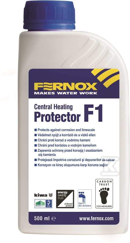 Inhibitor korozji, nietoksyczny, FERNOX F1 500 ml, butelka, płyn, preparat, zabezpiecza do 130 L wody, do 16-tu grzejników, do 250 m2 ogrzewania podłogowego 57761 - obrazek 1