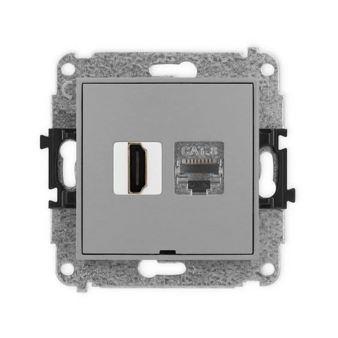MINI Mechanizm gniazda HDMI 2.1, 8K + gniazda 1xRJ45, kat. 8, ekranowany, 8‑stykowy, bez pola opisowego szary mat 27MGHKBO‑88 - obrazek 1
