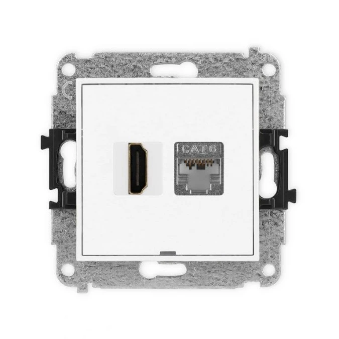 MINI Mechanizm gniazda HDMI 2.0, 4K + gniazda 1xRJ45, kat. 6, ekranowany, 8‑stykowy, bez pola opisowego biały mat 25MGHKBO‑46 - obrazek 1