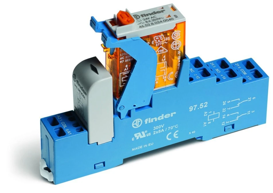 Moduł interfejsowy 15,8mm, 2P 8A 24V AC, styki AgNi, wskaźnik zadziałania, blokada, przycisk testowy 4C.52.8.024.0060SPA - obrazek 1