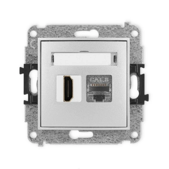 MINI Mechanizm gniazda HDMI 2.1, 8K + gniazda komp. poj. 1xRJ45, kat. 8, ekranowany, 8‑stykowy srebrny metalik 7MGHK‑88 - obrazek 1