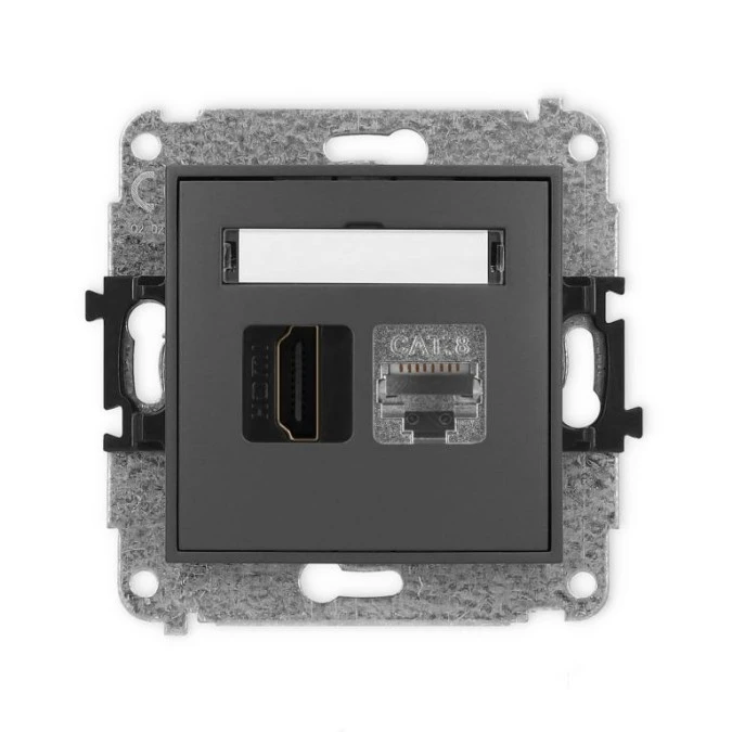 MINI Mechanizm gniazda HDMI 2.1, 8K + gniazda komp. poj. 1xRJ45, kat. 8, ekranowany, 8‑stykowy grafitowy mat 28MGHK‑88 - obrazek 1