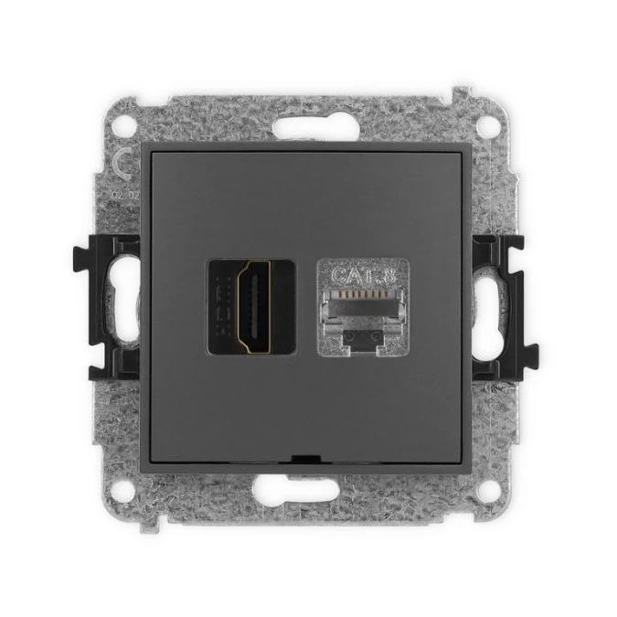 MINI Mechanizm gniazda HDMI 2.1, 8K + gniazda 1xRJ45, kat. 8, ekranowany, 8‑stykowy, bez opisu grafitowy mat 28MGHKBO‑88 - obrazek 1