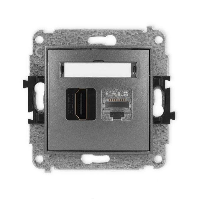 MINI Mechanizm gniazda pojedynczego HDMI 2.1, 8K + gniazda komp. poj. 1xRJ45, kat. 8, ekranowany, 8‑stykowy grafitowy 11MGHK‑88 - obrazek 1