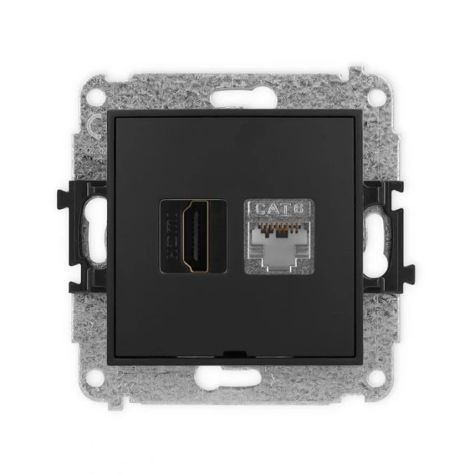 MINI Mechanizm gniazda HDMI 2.0, 4K + gniazda 1xRJ45, kat. 6, ekranowany, 8‑stykowy, bez pola opisowego czarny mat 12MGHKBO‑46 - obrazek 1