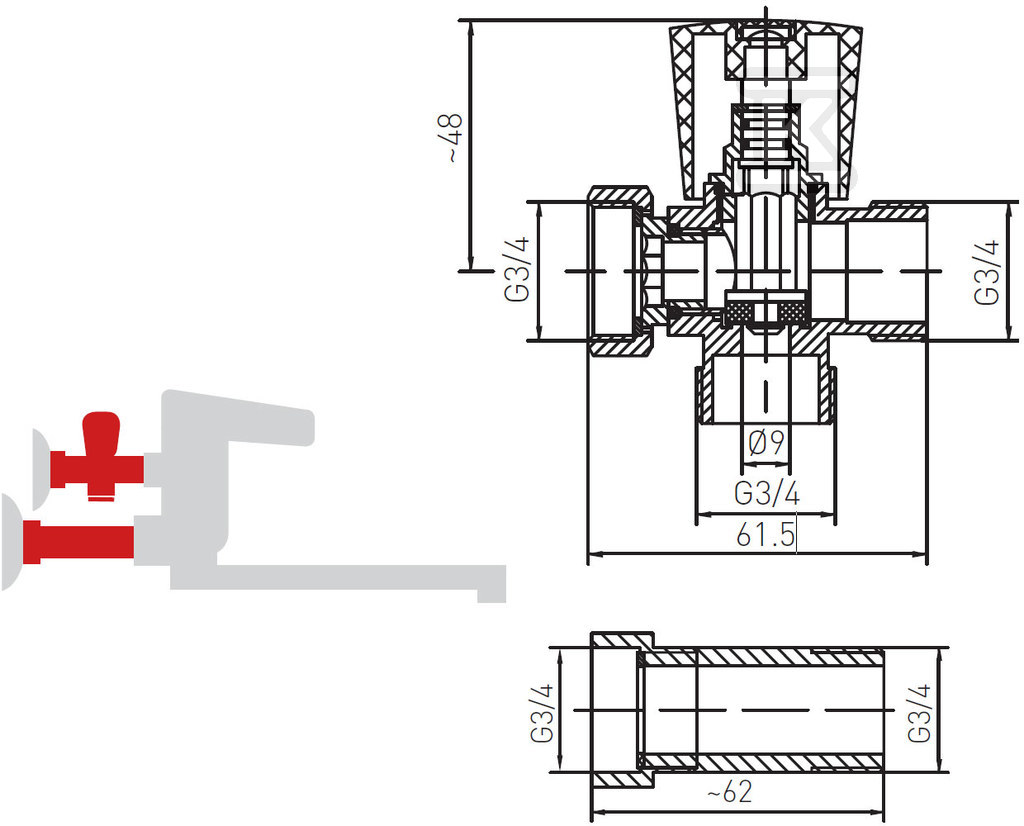 Zawór kątowy czerpalny z przedłużką do baterii ściennych 3/4" Z250 - obrazek 2