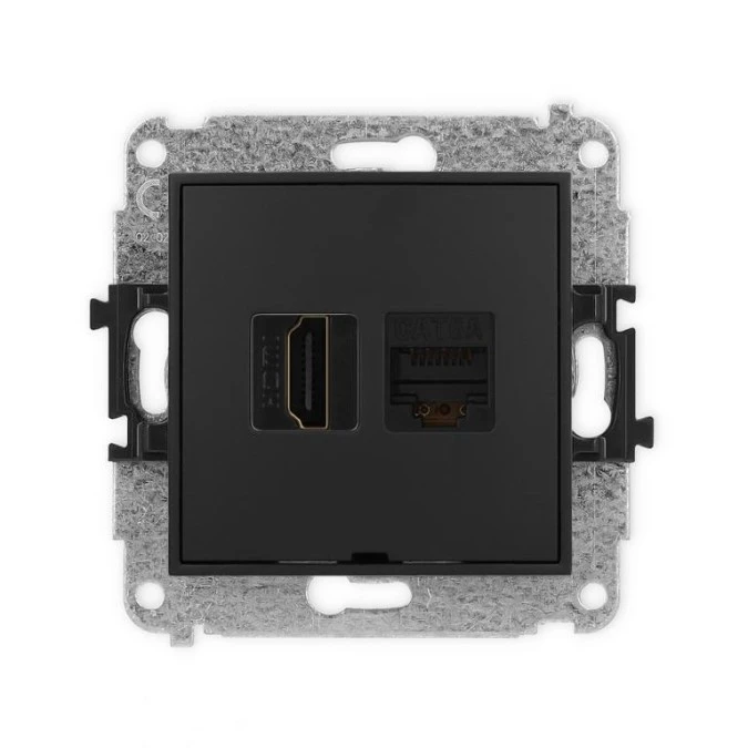 MINI Mechanizm gniazda HDMI 2.0, 4K + gniazda komp. poj. 1xRJ45, kat. 6A, 8‑stykowy, bez pola opisowego czarny mat 12MGHKBO‑46A - obrazek 1
