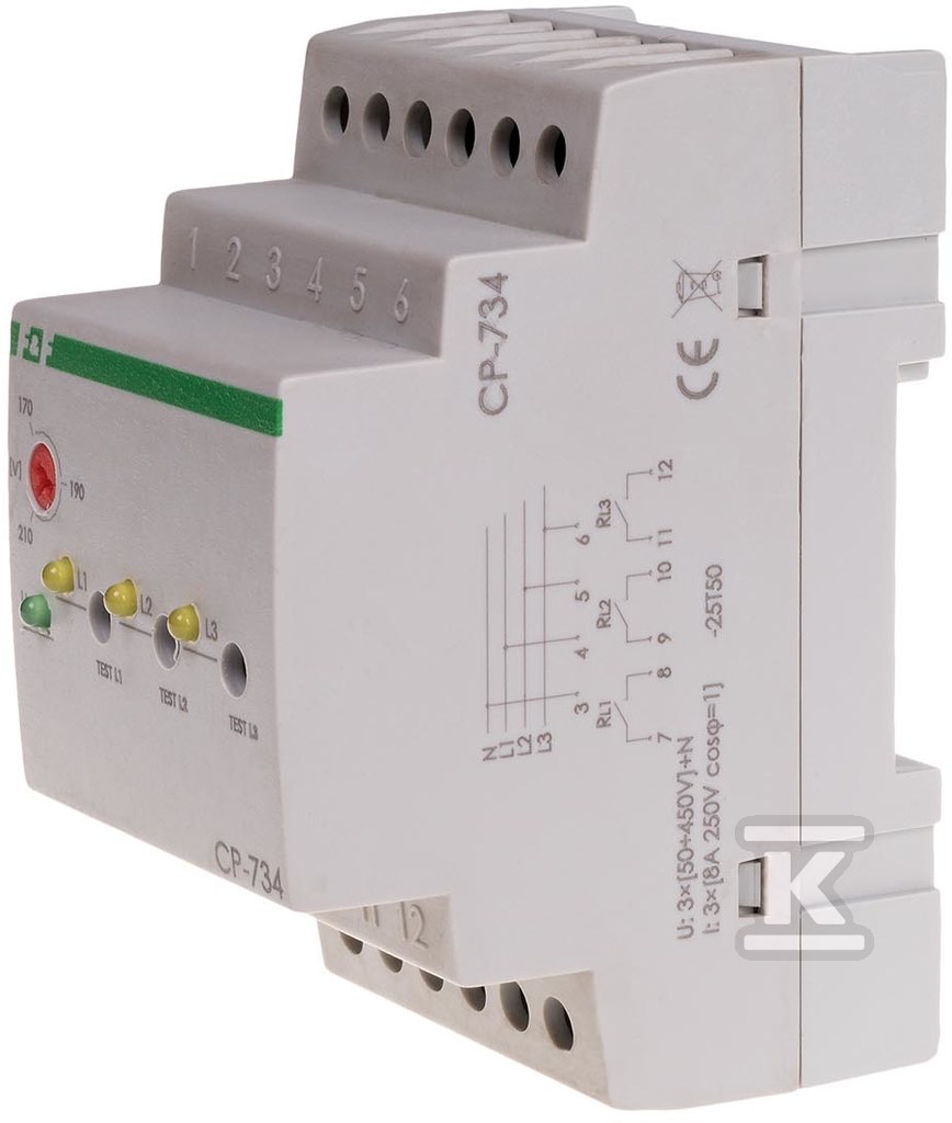 Przekaźnik napięciowy CP-734 trójfazowy, Un=3x(50÷450)V+N, styk 3×1Z - obrazek 2