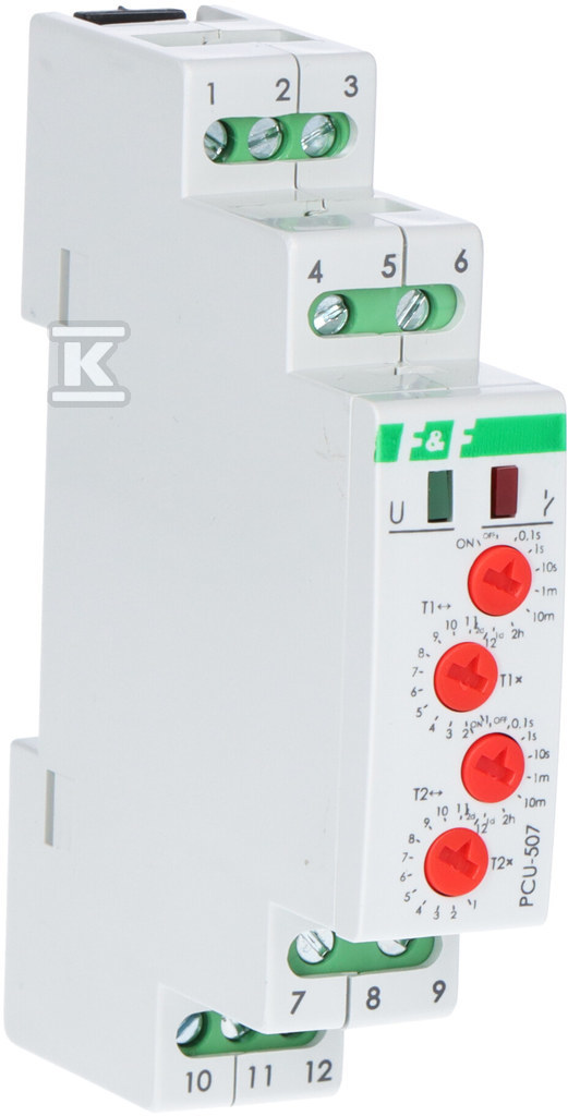 Przekaźnik czasowy 4-funkcyjny (nastawa 2 czasów T1 T3 PCU-507 24V uniwersalny zakres czasowy 0,1s÷576h Un=230V~ Io<2x8A montaż na szynie TH-35 PCU-507-24V - obrazek 2