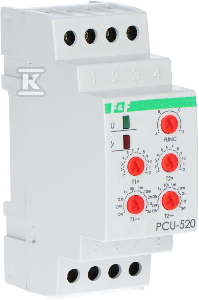Przekaźnik czasowy PCU-520 24V uniwersalny zakres czasowy 0,1s÷24h Un=24V AC/DC Io<2x8A montaż na szynie TH-35 PCU-520-24V - obrazek 2