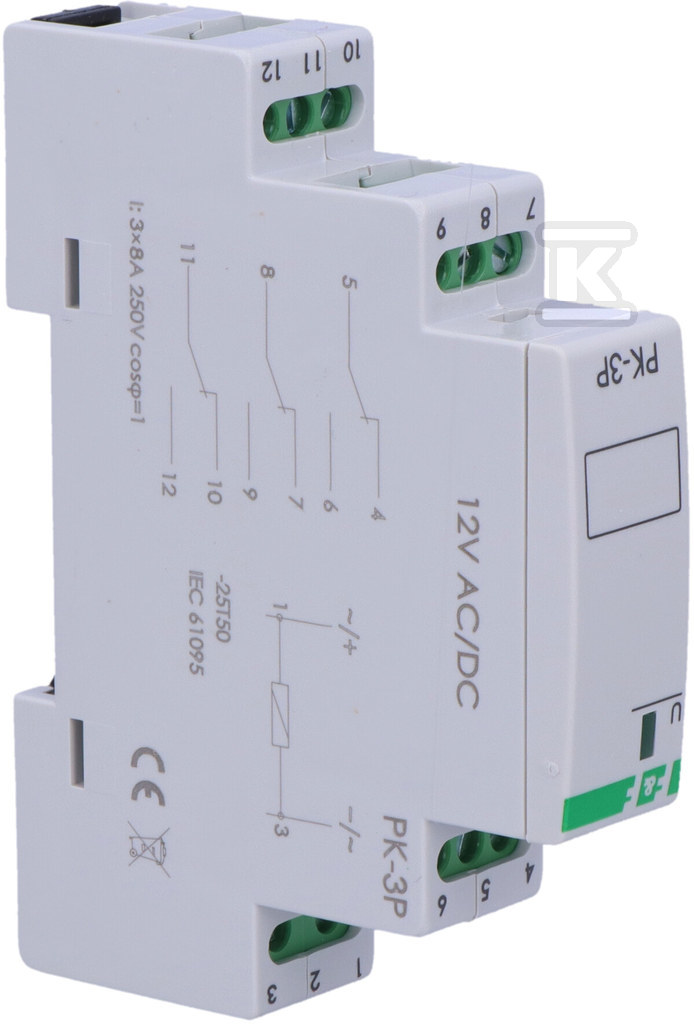 Przekaźnik elektromagnetyczny PK-3P 12V AC/DC, styk: 3P I=3x8A, 1 moduł PK-3P-12V - obrazek 2