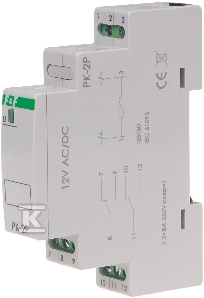Przekaźnik elektromagnetyczny PK-2P 12V AC/DC, styk: 2P I=2x8A, 1 moduł PK-2P-12V - obrazek 1