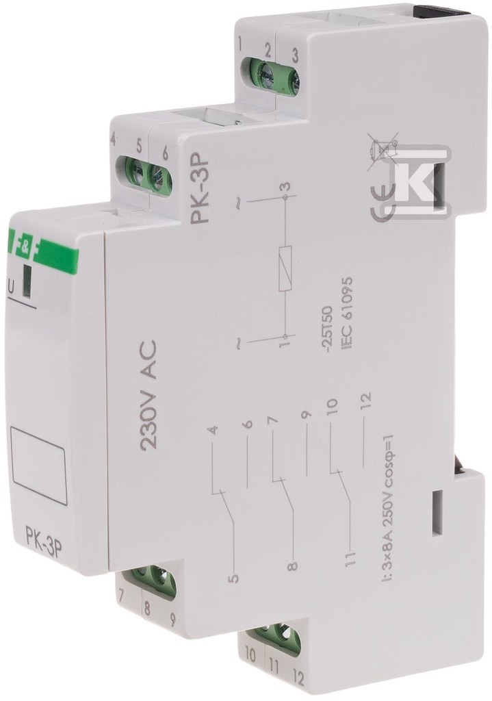 Przekaźnik elektromagnetyczny PK-3P 230V AC, styk: 3P I=3x8A, 1 moduł PK-3P-230V - obrazek 3