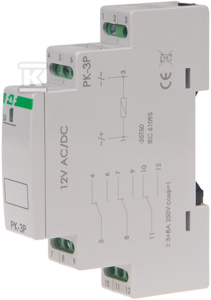 Przekaźnik elektromagnetyczny PK-3P 12V AC/DC, styk: 3P I=3x8A, 1 moduł PK-3P-12V - obrazek 1