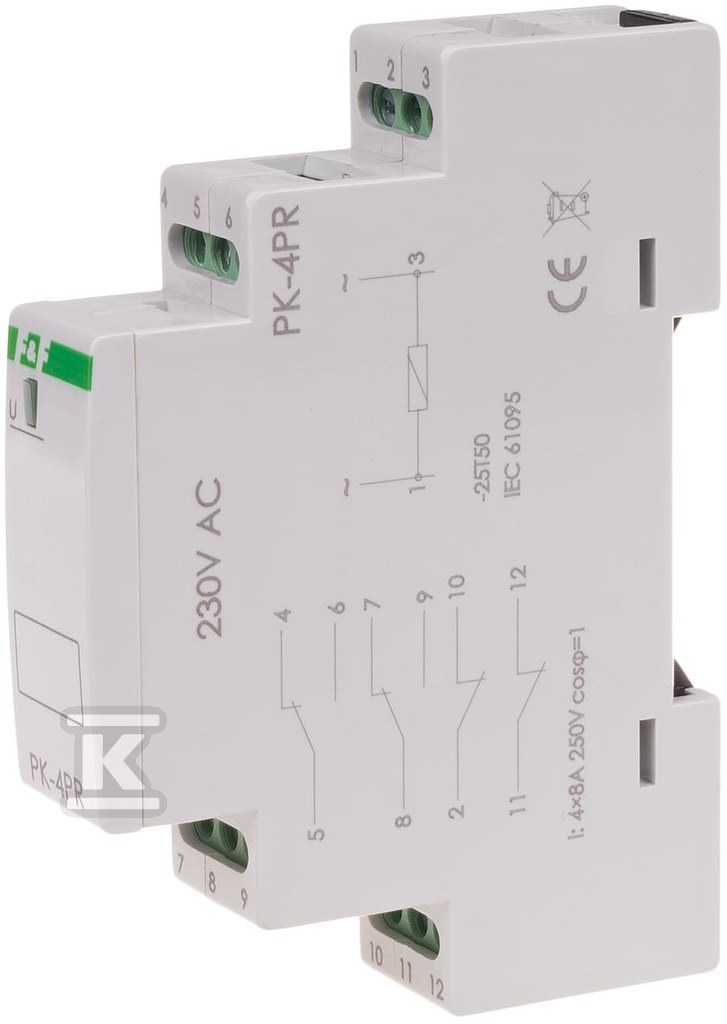 Przekaźnik elektromagnetyczny PK-4PR 230V 230V AC styk: 2P I=2x8A 2R I=2x8A 1 moduł PK-4PR-230V - obrazek 2