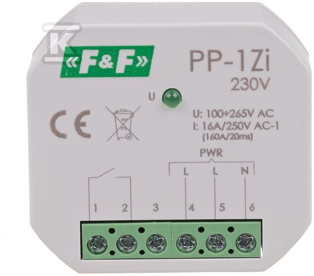 Przekaźnik elektromagnetyczny, 1Z 16A, montaż podtynkowy, U=100-265V AC, styk: 1Z 16A (160A/20ms) PP-1Zi PP-1ZI-230V - obrazek 1