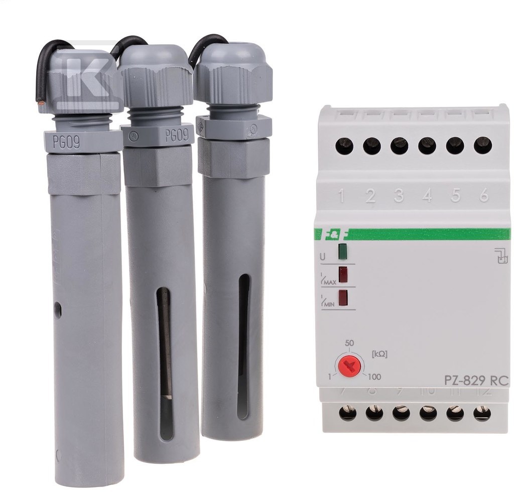 Przekaźnik kontroli poziomu cieczy PZ-829 RC dwustanowy, z regulacją czułości, z sondami PZ2 (3szt.), styki 2x1P, I=2x16A, 3 moduły PZ-829RC - obrazek 1