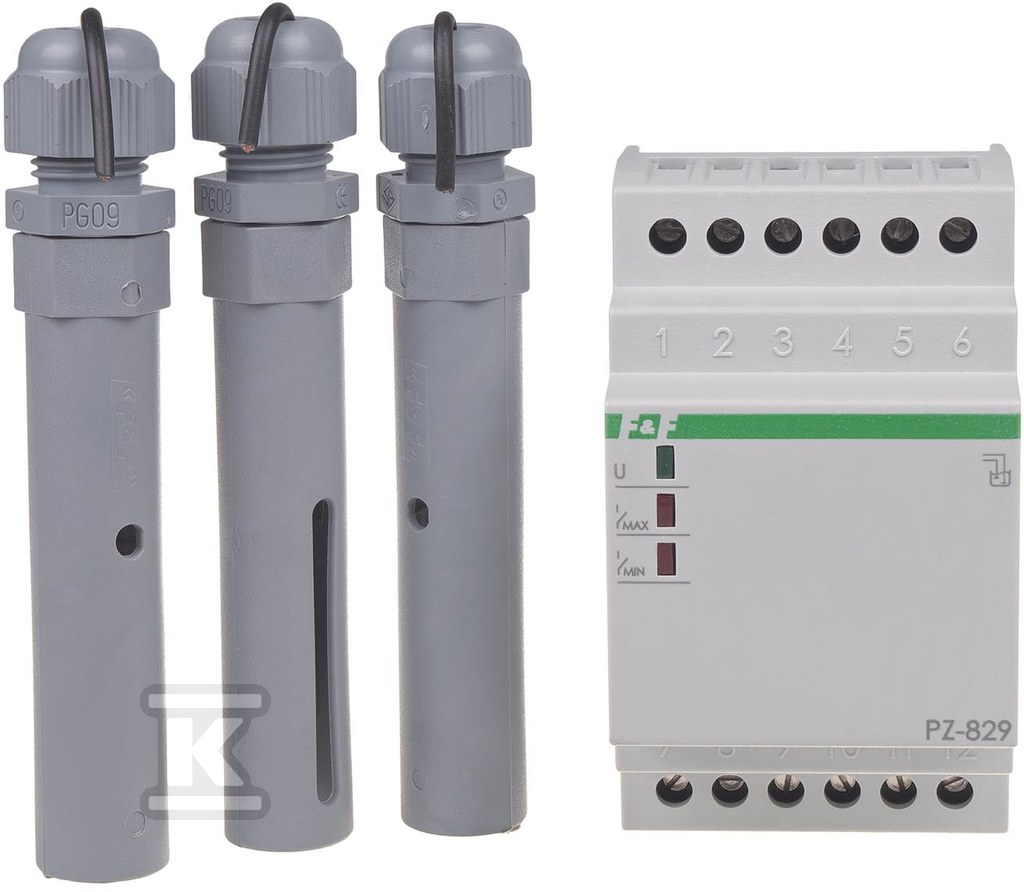 Przekaźnik kontroli poziomu cieczy PZ-829 dwustanowy, z sondami PZ2 w komplecie (3szt.), styki 2x1P, I=2x16A, 3 moduły - obrazek 1