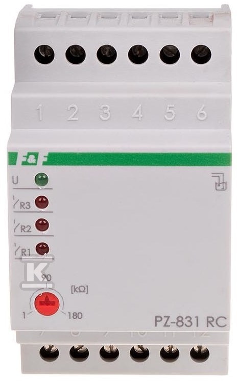 Przekaźnik kontroli poziomu cieczy PZ-831 RC B trójstanowy Un=230V~ Io<16A montaż na szynie TH-35 PZ-831RC-B - obrazek 1