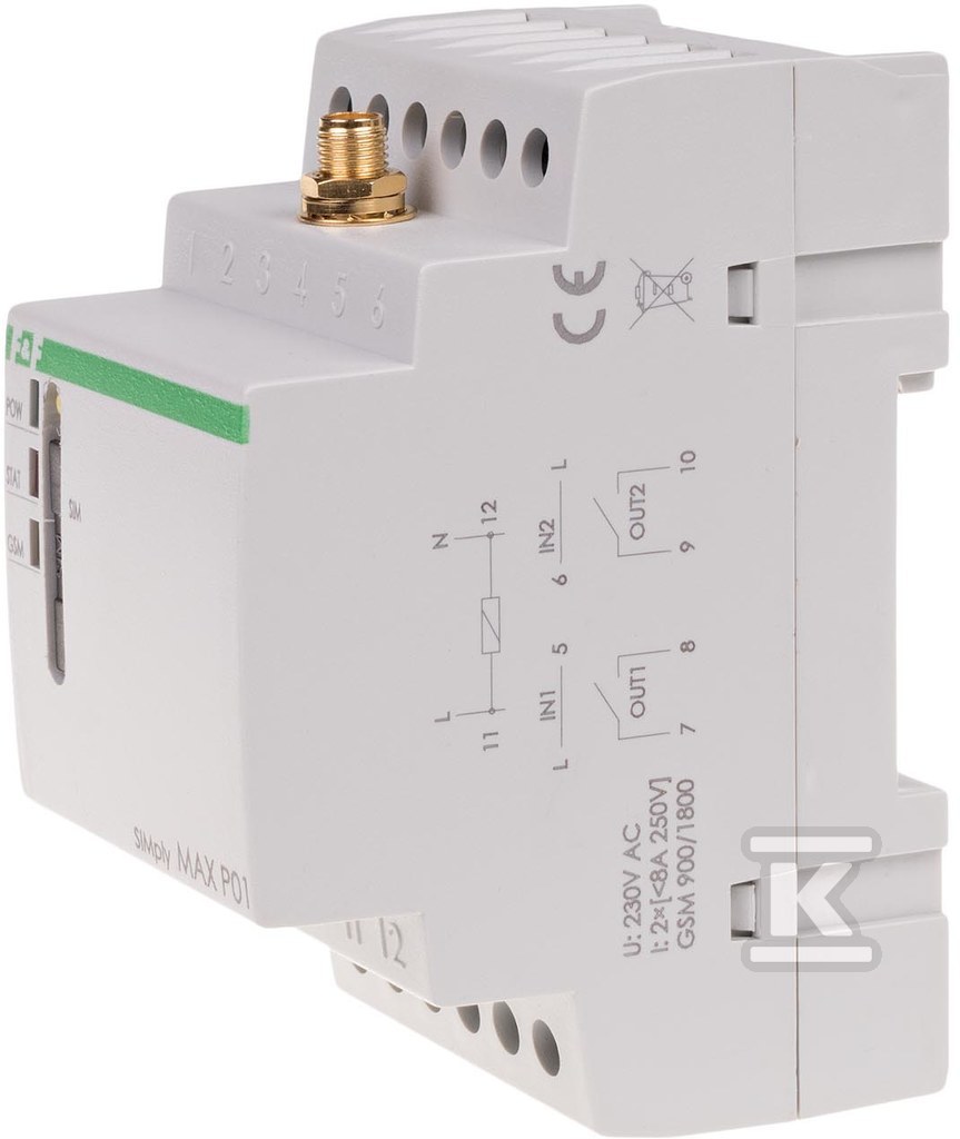 Przekaźnik zdalnego sterowania GSM (SMS), 2xWY, 2xWE, załącz/wyłącz/powiadom zasilanie 230V AC styki 1NO/NC montaż na szynie DIN, SIMplyMAX-P01 SIMPLYMAX-P01 - obrazek 2