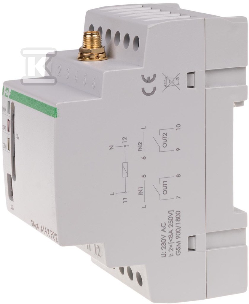 Przekaźnik zdalnego sterowania GSM (CLIP), 2xWY, 2xWE, sterowanie bramą zasilanie 230V AC styki 1NO montaż na szynie DIN, SIMplyMAX-P02 SIMPLYMAX-P02 - obrazek 2