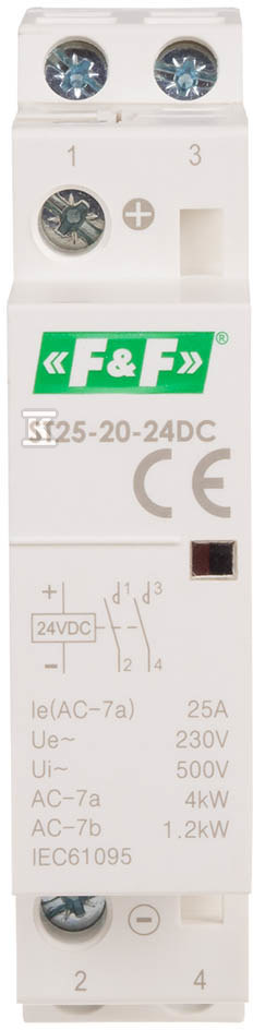 Stycznik modułowy 25A, 2NC, napięcie cewki 24 V DC, montaż na szynie, ST25-02-24DC
