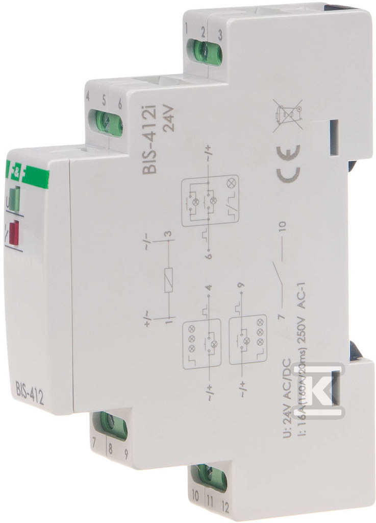 Przekaźnik bistabilny grupowy 9÷30 v ac/dc, na szynę din, z przekaźnikiem inrush 160a/20ms BIS-412-LED-24V - obrazek 1