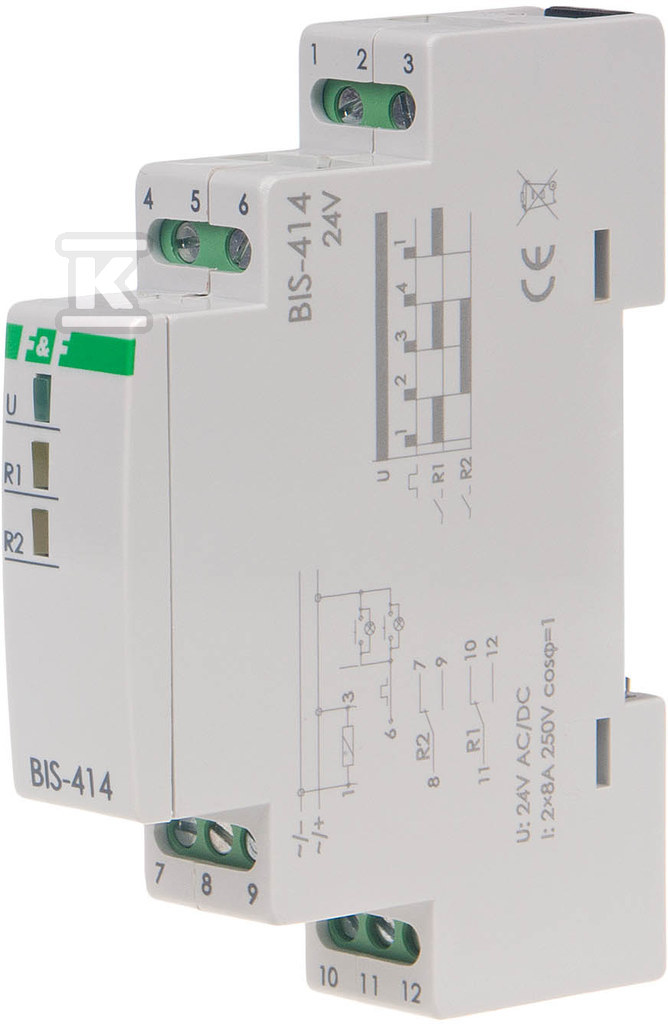 Przekaźnik bistabilny, sekwencyjny, na szynę DIN, z przekaźnikiem inrush 160A/20ms 24V BIS-414-LED-24V - obrazek 1