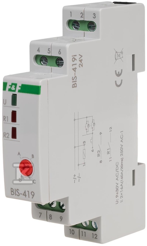 Przekaźnik bistabilny 9÷30 v ac/dc, 4 funkcyjny, din, dwa obwody sterowania, z przekaźnikiem inrush 160a/20ms BIS-419-LED-24V - obrazek 1
