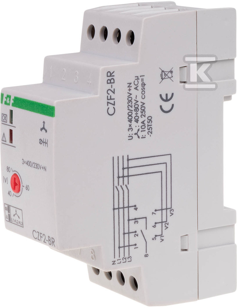 Czujnik zaniku fazy z kontrolą styków stycznika CZF-2BR styki: 1Z, I=10A, próg regulowany:165-180V, 2 moduły - obrazek 1