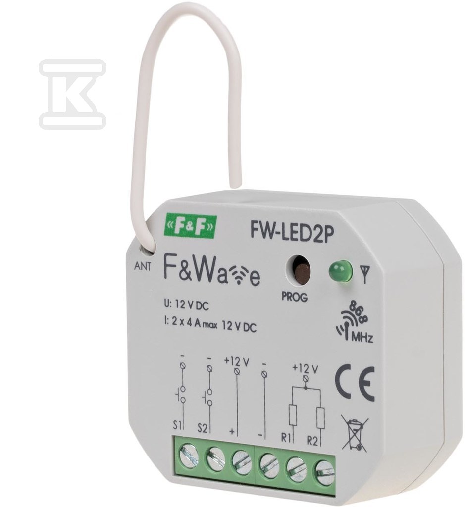 Radiowy dwukanałowy sterownik LED 12V - montaż PDT 10÷16V DC FW-LED2P - obrazek 1