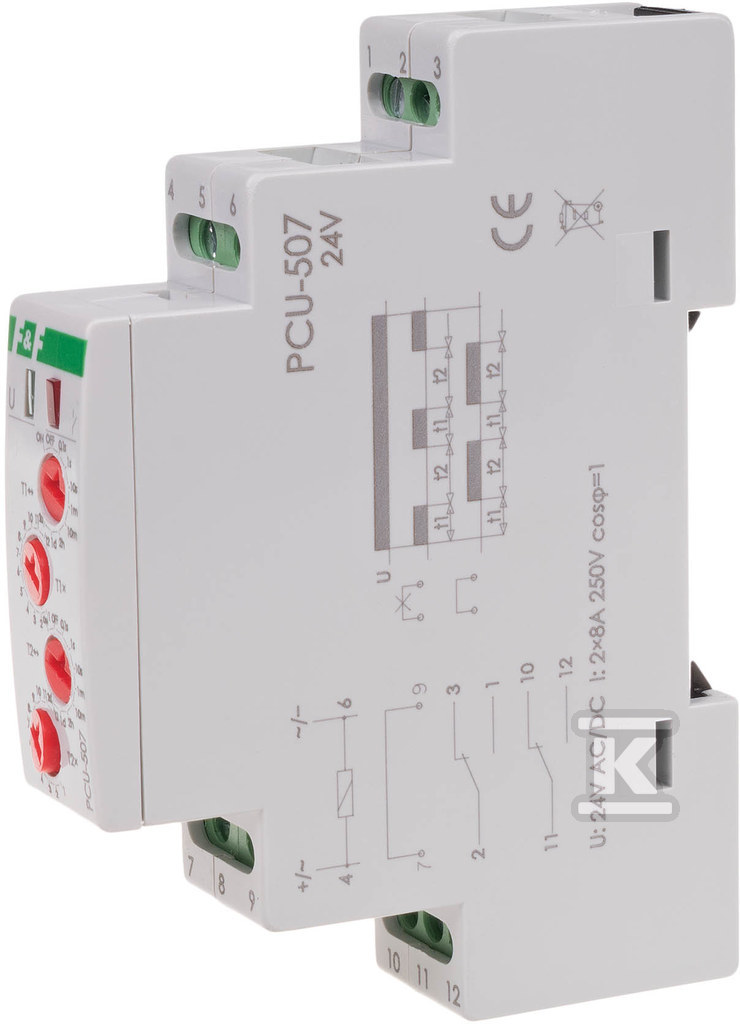 Przekaźnik czasowy 4-funkcyjny (nastawa 2 czasów T1 T3 PCU-507 24V uniwersalny zakres czasowy 0,1s÷576h Un=230V~ Io<2x8A montaż na szynie TH-35 PCU-507-24V - obrazek 1