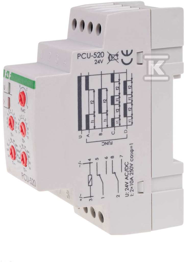 Przekaźnik czasowy PCU-520 24V uniwersalny zakres czasowy 0,1s÷24h Un=24V AC/DC Io<2x8A montaż na szynie TH-35 PCU-520-24V - obrazek 1