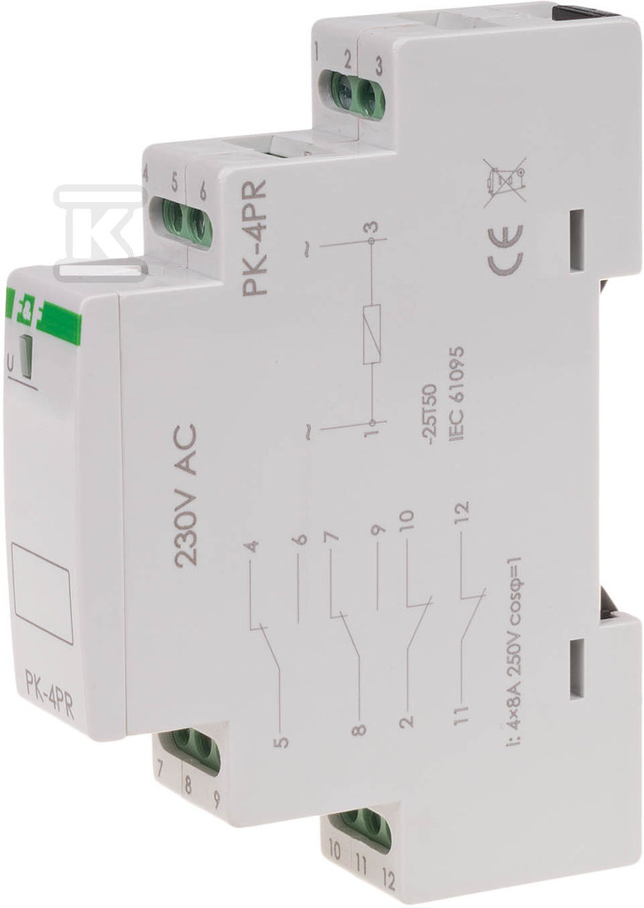 Przekaźnik elektromagnetyczny PK-4PR 230V 230V AC styk: 2P I=2x8A 2R I=2x8A 1 moduł PK-4PR-230V - obrazek 1