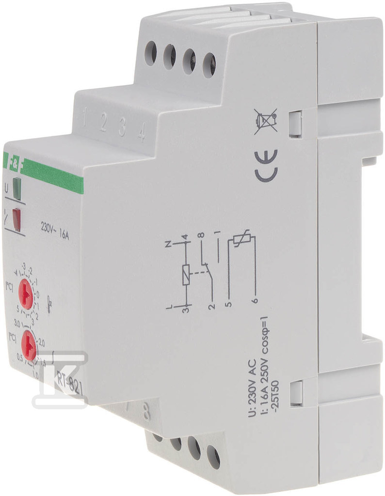Regulator temperatury - zakres temperatur -4÷5°c - bez sondy montaz na szynie din, styk: 1no/nc 230v ac RT-821B - obrazek 1