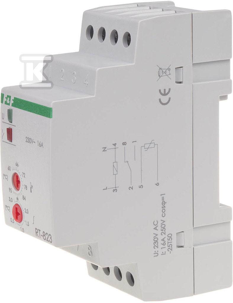 Regulator teperatury RT-823 z sondą w kmpl. zakres regulacji temp.: 60÷95°C, styki: 1P , I=16A, 2 moduły - obrazek 1
