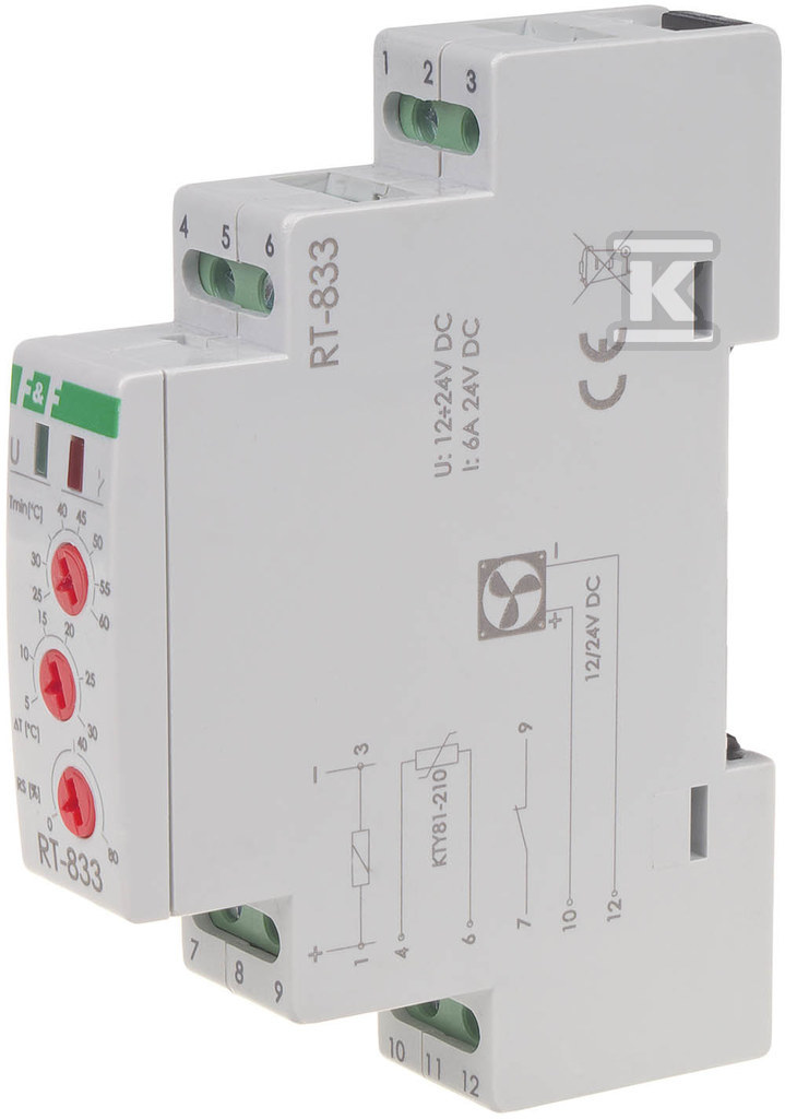 Regulator temperatury z regulacją prędkości obrotowej wentylatora montaż na szynie din styk: 1no/nc 230v ac RT-833 - obrazek 1