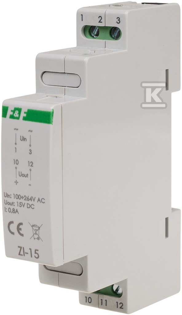 Zasilacz impulsowy 12w, 15v dc, nap. zas. 100÷230v, do montażu na szynie din ZI-15