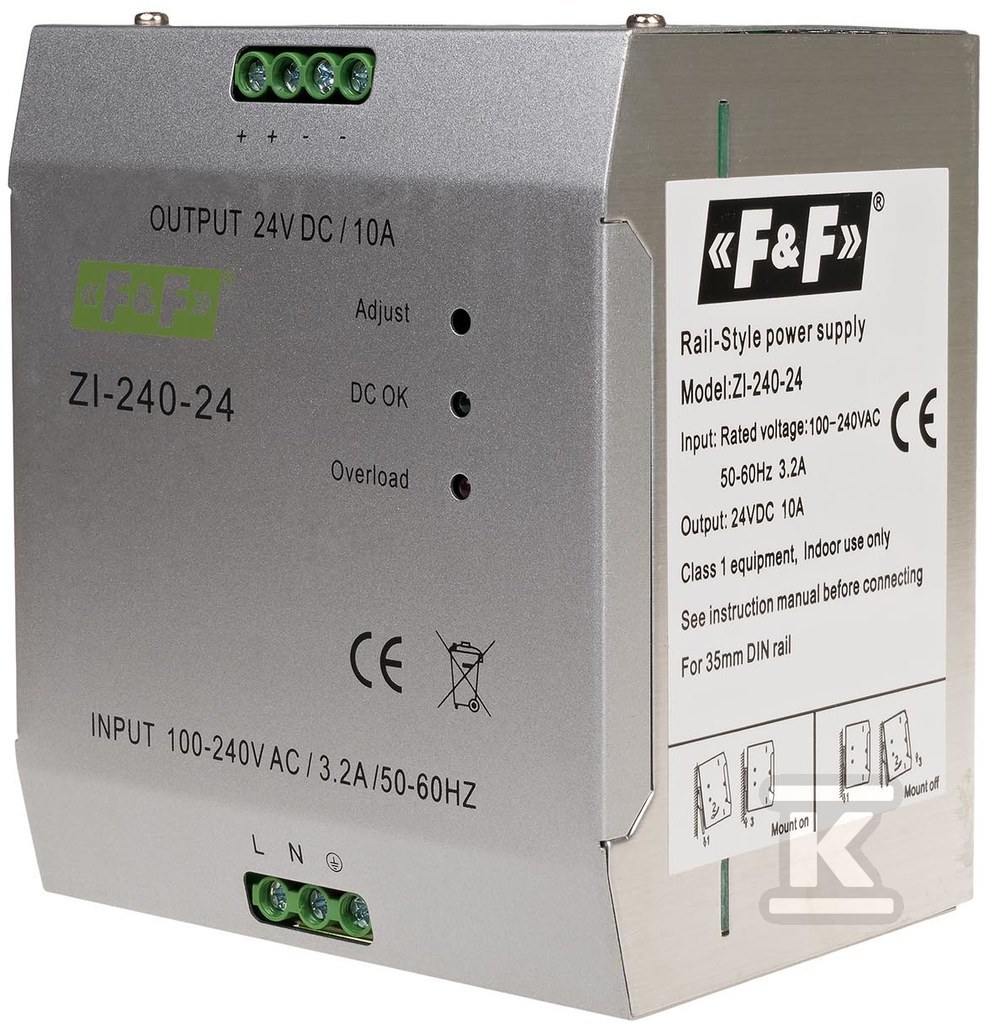 Zasilacz impulsowy przemysłowy napięcie wejściowe 90÷264v ac/120÷370v dc, p=240w nap. wyj. 24v dc ZI-240-24V