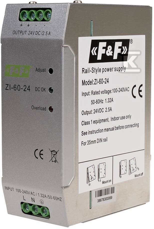 Zasilacz impulsowy przemysłowy napięcie wejściowe 90÷264v ac/120÷370v dc, p=60w napięcie wyjściowe 24v dc ZI-60-24V - obrazek 1