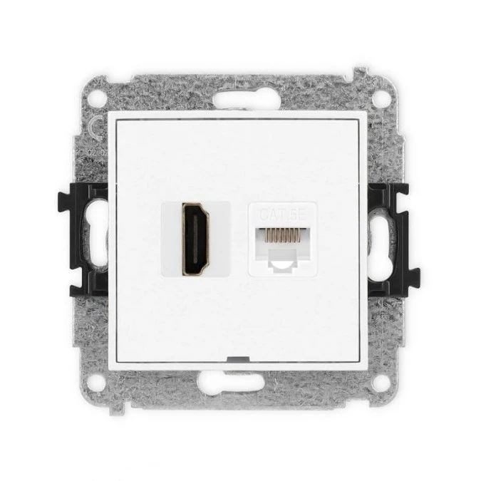 MINI Mechanizm gniazda pojedynczego HDMI 2.0 + gniazda komp. poj. 1xRJ45, kat. 5e, 8‑stykowy, bez pola opis. biały mat 25MGHKBO - obrazek 1