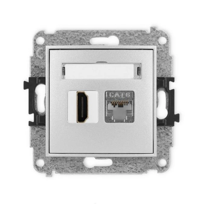 MINI Mechanizm gniazda HDMI 2.0, 4K + gniazda komp. poj. 1xRJ45, kat. 6, ekranowany, 8‑stykowy srebrny metalik 7MGHK‑46 - obrazek 1