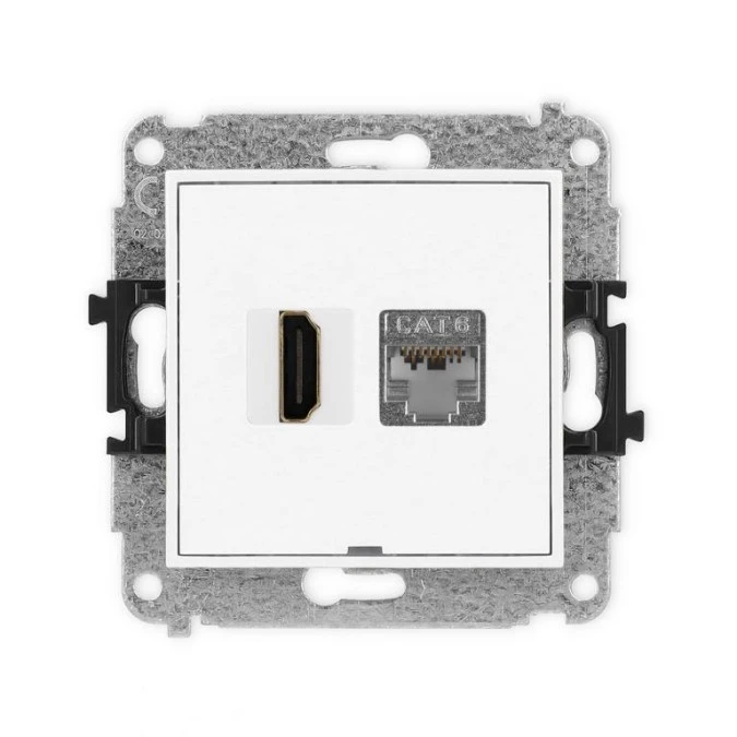MINI Mechanizm gniazda HDMI 2.0, 4K + gniazda 1xRJ45, kat. 6, ekranowany, 8‑stykowy, bez pola opisowego biały MGHKBO‑46 - obrazek 1