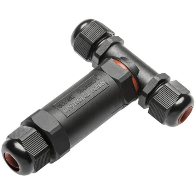 Mufa kablowa z dławikami na kable do 3x1,5mm2, 16A, kształt T, hermetyczna IP67 UV trójnik czarna GTV - obrazek 1