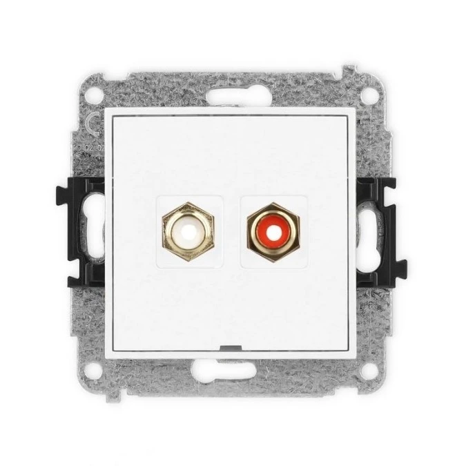 MINI Mechanizm gniazda podwójnego RCA, bez pola opisowego (typu cinch ‑ biały i czerwony, pozłacany) biały mat 25MGRCABO‑2 - obrazek 1