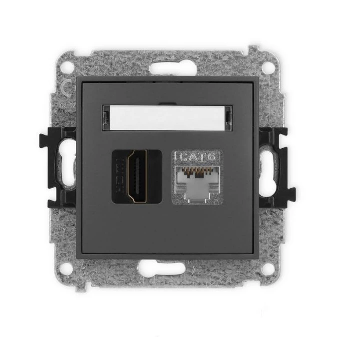MINI Mechanizm gniazda HDMI 2.0, 4K + gniazda komp. poj. 1xRJ45, kat. 6, ekranowany, 8‑stykowy grafitowy mat 28MGHK‑46 - obrazek 1