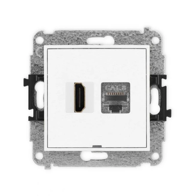 MINI Mechanizm gniazda HDMI 2.1, 8K + gniazda 1xRJ45, kat. 8, ekranowany, 8‑stykowy, bez pola opisowego biały MGHKBO‑88 - obrazek 1