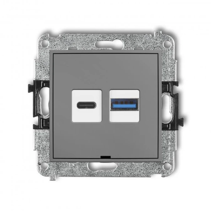 MINI Mechanizm ładowarki USB podwójnej USB C + USB A, 30W max., bez pola opisowego szary mat 27MCUSBBO‑10 - obrazek 1