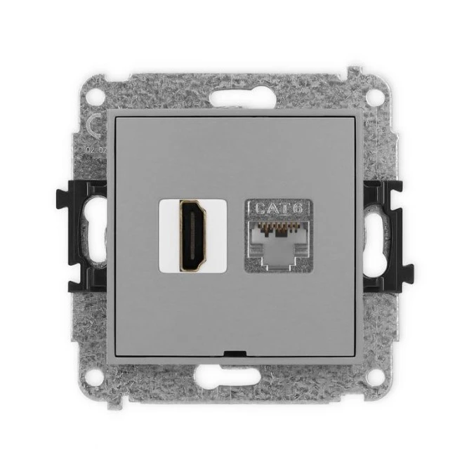 MINI Mechanizm gniazda HDMI 2.0, 4K + gniazda 1xRJ45, kat. 6, ekranowany, 8‑stykowy, bez pola opisowego szary mat 27MGHKBO‑46 - obrazek 1