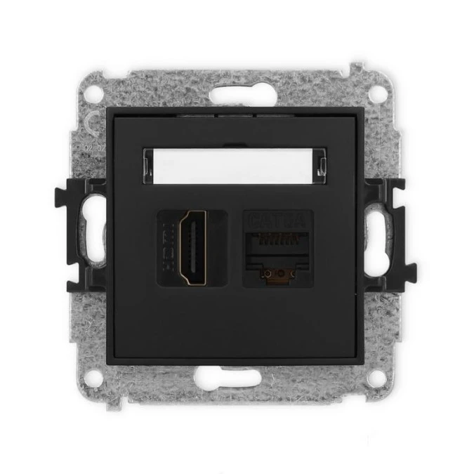MINI Mechanizm gniazda pojedynczego HDMI 2.1, 8K + gniazda komp. poj. 1xRJ45, kat. 6A, 8‑stykowy czarny mat 12MGHK‑86A - obrazek 1